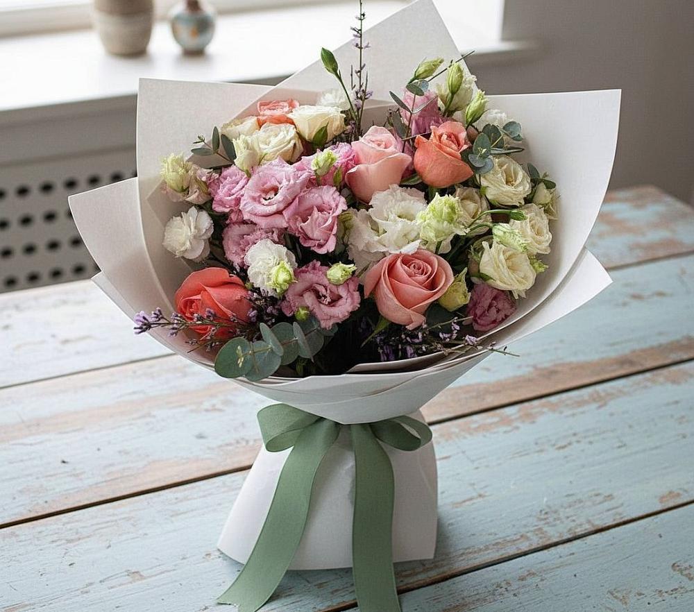 Букет цветов из: Розы, Лизиантусы и Гвоздики в Молочном Вологодской области