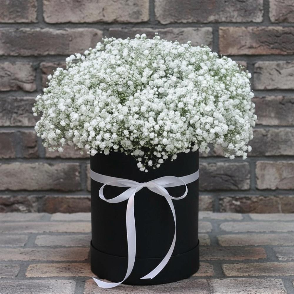 Цветочная композиция из Гипсофила в шляпной коробке в Молочном Вологодской области