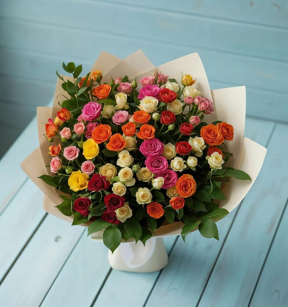 Букет Микс из разноцветных кустовых роз в Молочном Вологодской области